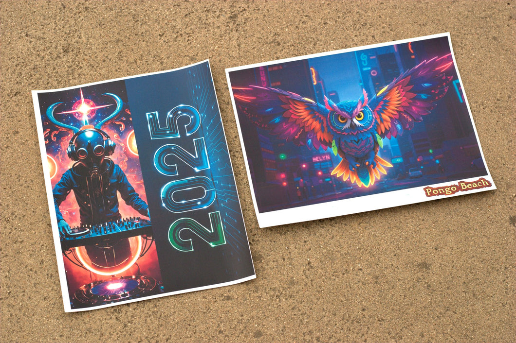 2025 Apocalyptic DJ and Neon Rainbow Owl Designs on Iron-On Heat Transfer Papers - #EDCLV2025 Clothing Fashion Accessory - Pongo Beach