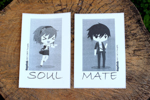 ENFP INTJ Soul Mate Couple B/W 4"x6" Thermal Stickers - Kawaii Anime Chibi - MBTI Thoughts - Myers Briggs Type Indicator Personality - Pongo Beach