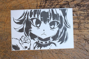 Suki Cat Girl B/W 4"x6" Thermal Sticker - Kawaii Anime Character with Cute Paw and Tail - Frown Face, Landscape, Short Wild Hair - Pongo Beach