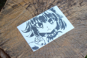 Suki Cat Girl B/W 4"x6" Thermal Sticker - Kawaii Anime Character with Cute Paw and Tail - Frown Face, Landscape, Short Wild Hair - Pongo Beach